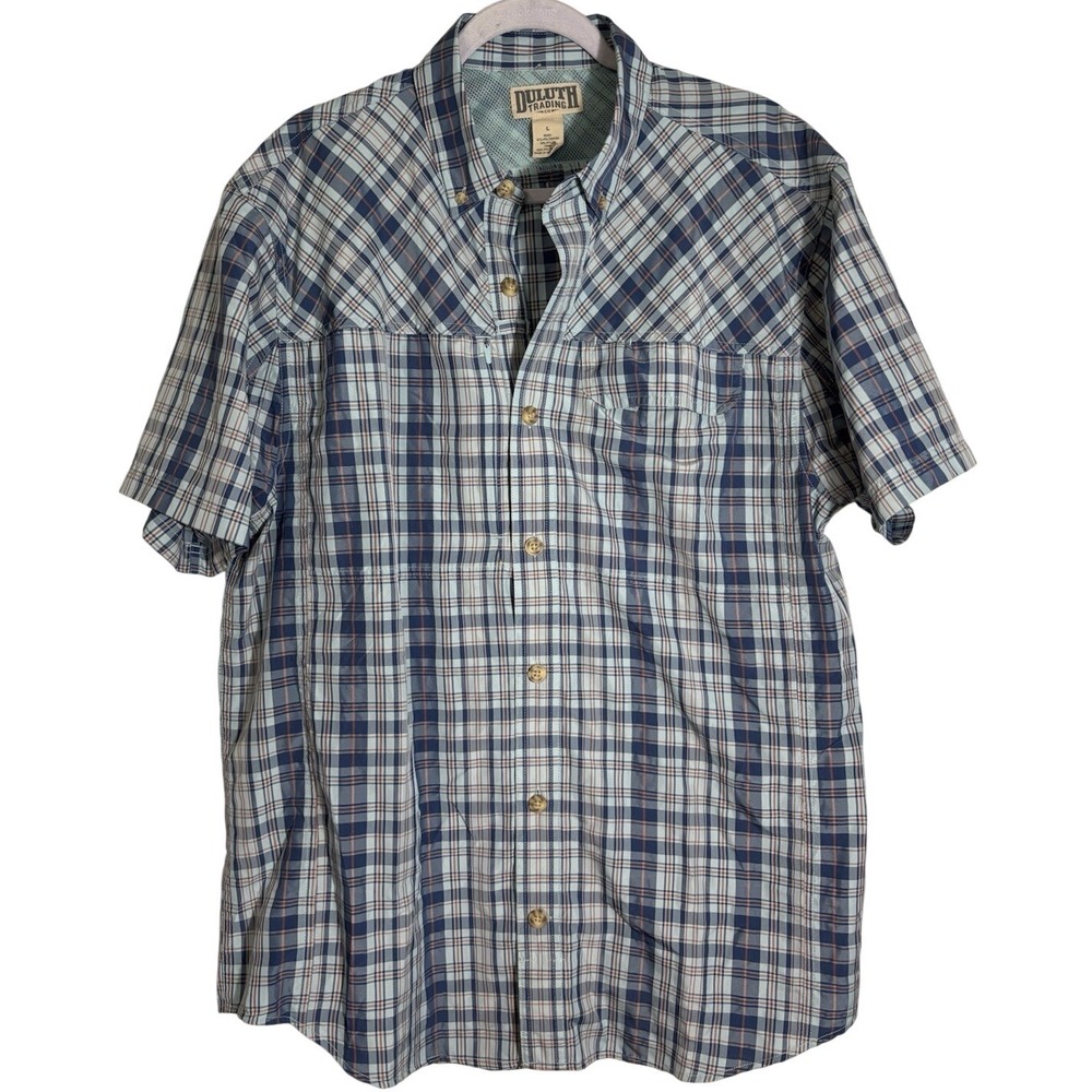 Duluth‎ Trading Co. Mens Blue Plaid Short Sleeve Button Up Size Large